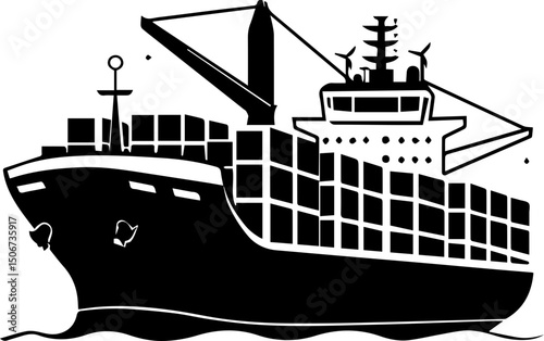 Cargo ship vector illustration black and white 