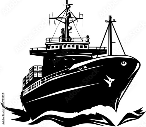 Cargo ship vector illustration black and white 