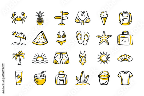 Hand-Drawn Summer Beach Icon Set – Colorful Vector Doodles

