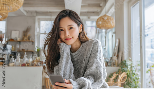 カフェでスマホを使う若い女性