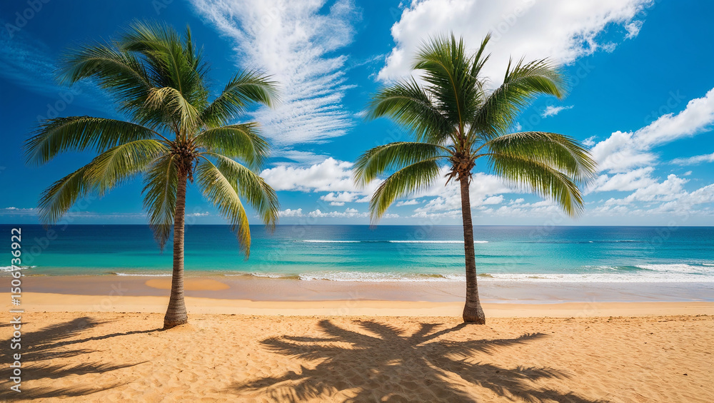 Obraz premium Two palm trees growing on tropical sandy beach with turquoise water and blue sky