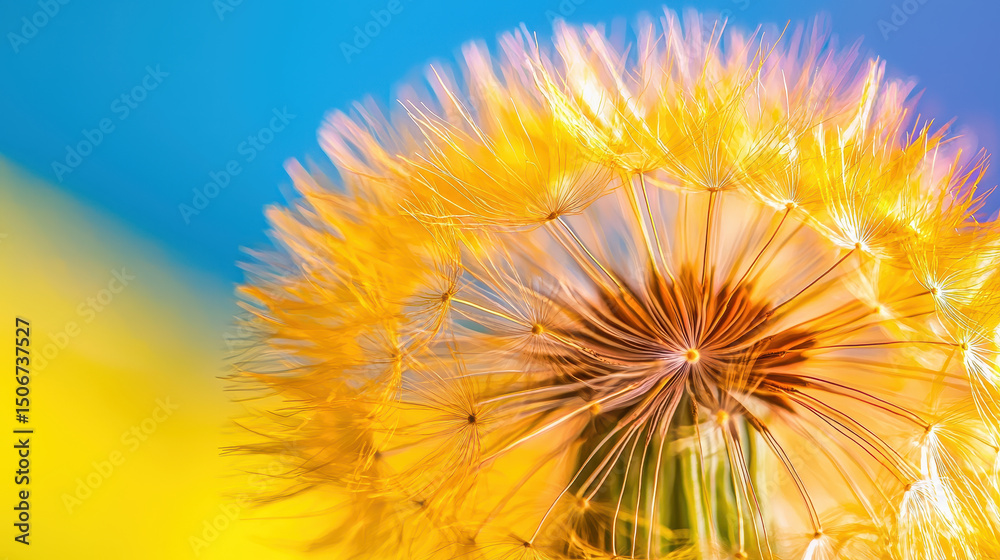 Obraz premium Vibrant macro shot of dandelion flower showcasing its delicate yellow petals and intricate structure against blue background