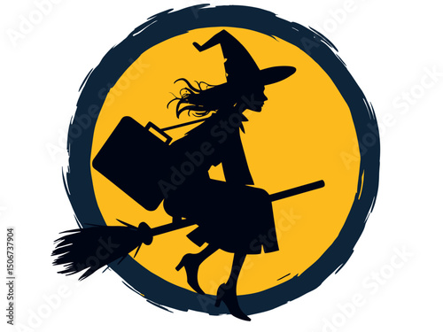 logo round of a silhouette of a witch with a suitcase riding a broom across the moon