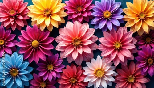 Intricate dahlia blooms, vibrant colors, repeating pattern, illustration, photography