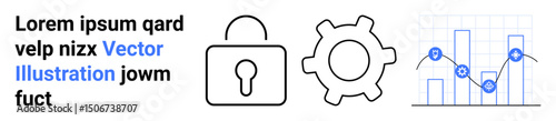 Lock highlights security, gear symbolizes processes, chart with data points suggests analytics. Ideal for business, security, technology, operations, efficiency, data tracking simple landing page