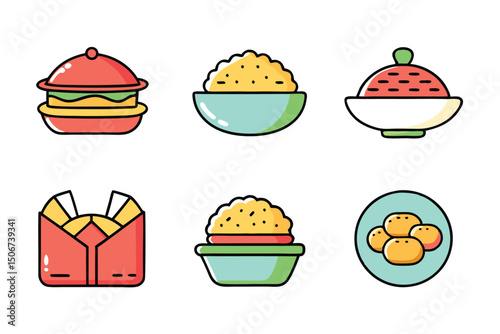 Cartoon Asian Food Vector Set – Cute Traditional Dishes, Rice Bowls, Dumplings, Noodles, lemon, strawberry, watermelon, Ice Cream ,Sandwich ,cupcake ,burger, coffee, and Tea Icons.