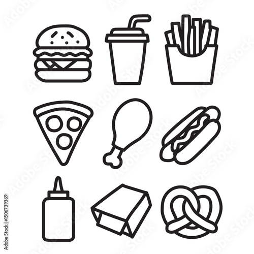 Fast food icon collection, black color on white background. Vector illustration.