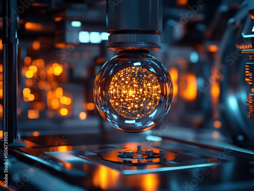 technology industry laser innovation -  – glowing sphere in futuristic glass device