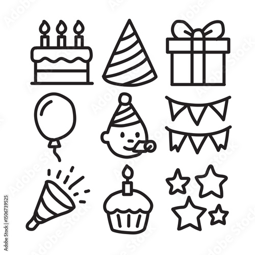 Collection of birthday icons, black color on white background. Vector illustration.
