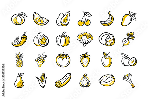 Hand Drawn Fruit and Vegetable Icons Set – Doodle Style Food Illustrations

