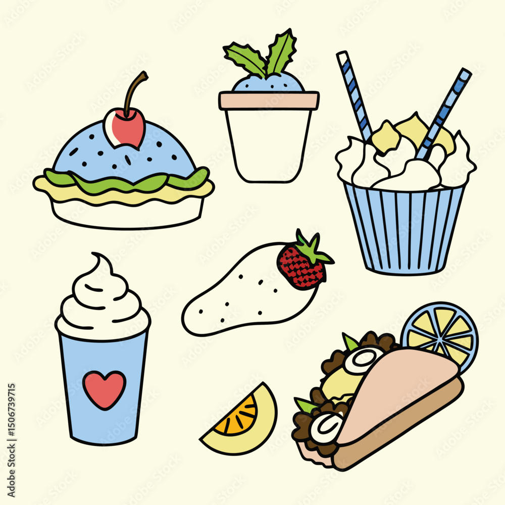 Fototapeta premium Cartoon Asian Food Vector Set – Cute Traditional Dishes, Rice Bowls, Dumplings, Noodles, lemon, strawberry, watermelon, Ice Cream ,Sandwich ,cupcake ,burger, coffee, and Tea Icons.