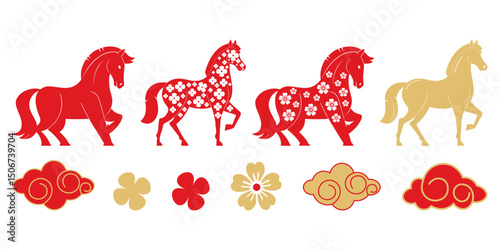set of vector logos of horses, flowers, clouds for banner design, postcards. Zodiac sign 2026