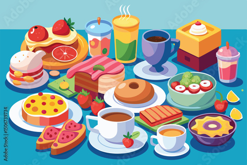 A colorful breakfast table filled with various foods and beverages