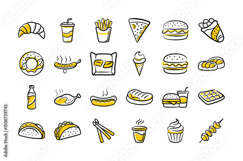 Hand Drawn Fast Food Icon Set – Doodle Style Food Illustrations

