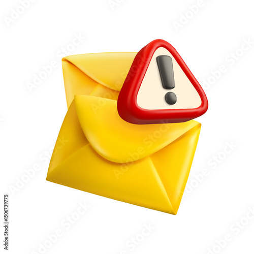 Spam email vector 3d icon. Warning message design element isolated on white background. Cartoon envelope with exclamation mark in triangle. Scam alert