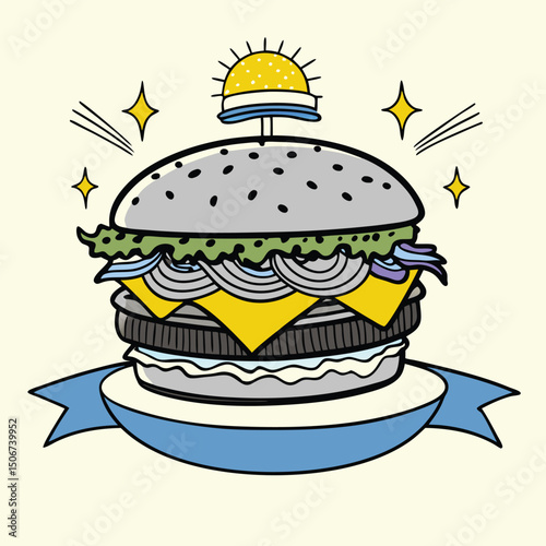 Burger Illustration Set – Colorful Cartoon and Hand-Drawn Vintage Style Fast Food Icons. Hand Drawn Sketch Hamburger Vector Illustration.
