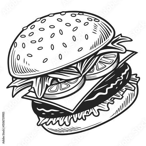 Burger Illustration Set – Colorful Cartoon and Hand-Drawn Vintage Style Fast Food Icons. Hand Drawn Sketch Hamburger Vector Illustration.