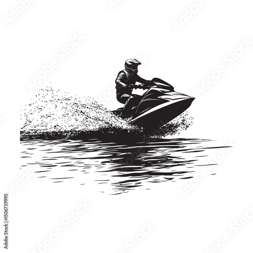 A person jet ski across the water is a black-and-white silhouette vector designed for T-shirts, mugs, posters, and digital prints. Fully scalable and market-ready