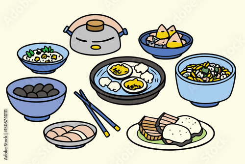 Cartoon Asian Food Vector Set – Cute Traditional Dishes, Rice Bowls, Dumplings, Noodles, lemon, strawberry, watermelon, Ice Cream ,Sandwich ,cupcake ,burger, coffee, and Tea Icons.