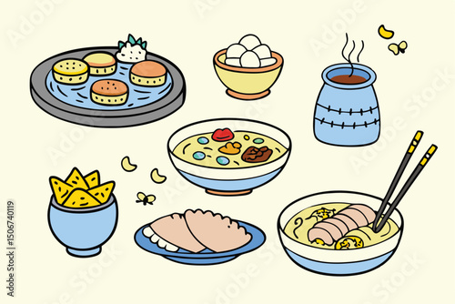 Cartoon Asian Food Vector Set – Cute Traditional Dishes, Rice Bowls, Dumplings, Noodles, lemon, strawberry, watermelon, Ice Cream ,Sandwich ,cupcake ,burger, coffee, and Tea Icons.
