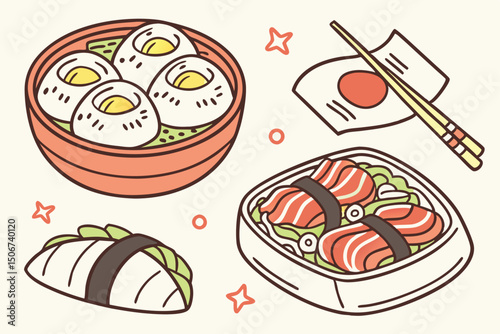 Cartoon Asian Food Vector Set – Cute Traditional Dishes, Rice Bowls, Dumplings, Noodles, lemon, strawberry, watermelon, Ice Cream ,Sandwich ,cupcake ,burger, coffee, and Tea Icons.