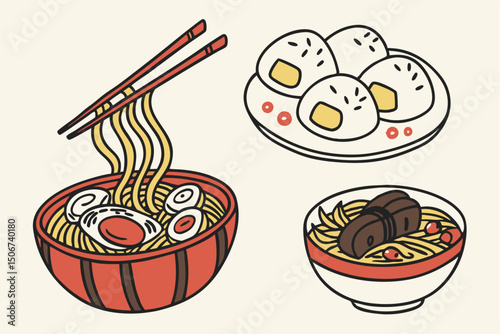 Cartoon Asian Food Vector Set – Cute Traditional Dishes, Rice Bowls, Dumplings, Noodles, lemon, strawberry, watermelon, Ice Cream ,Sandwich ,cupcake ,burger, coffee, and Tea Icons.
