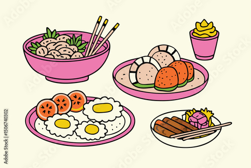 Cartoon Asian Food Vector Set – Cute Traditional Dishes, Rice Bowls, Dumplings, Noodles, lemon, strawberry, watermelon, Ice Cream ,Sandwich ,cupcake ,burger, coffee, and Tea Icons.