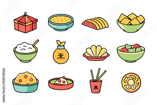 Cartoon Asian Food Vector Set – Cute Traditional Dishes, Rice Bowls, Dumplings, Noodles, lemon, strawberry, watermelon, Ice Cream ,Sandwich ,cupcake ,burger, coffee, and Tea Icons.