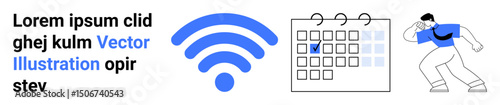 wireless signal icon, calendar with a marked date, and a running character in dynamic pose. Ideal for technology, planning, productivity, lifestyle, fitness, scheduling simple landing page