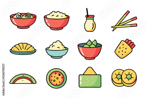 Cartoon Asian Food Vector Set – Cute Traditional Dishes, Rice Bowls, Dumplings, Noodles, lemon, strawberry, watermelon, Ice Cream ,Sandwich ,cupcake ,burger, coffee, and Tea Icons.