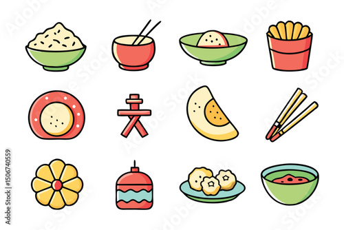 Cartoon Asian Food Vector Set – Cute Traditional Dishes, Rice Bowls, Dumplings, Noodles, lemon, strawberry, watermelon, Ice Cream ,Sandwich ,cupcake ,burger, coffee, and Tea Icons.