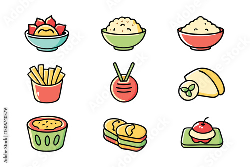 Cartoon Asian Food Vector Set – Cute Traditional Dishes, Rice Bowls, Dumplings, Noodles, lemon, strawberry, watermelon, Ice Cream ,Sandwich ,cupcake ,burger, coffee, and Tea Icons.