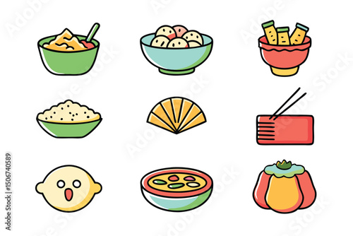 Cartoon Asian Food Vector Set – Cute Traditional Dishes, Rice Bowls, Dumplings, Noodles, lemon, strawberry, watermelon, Ice Cream ,Sandwich ,cupcake ,burger, coffee, and Tea Icons.