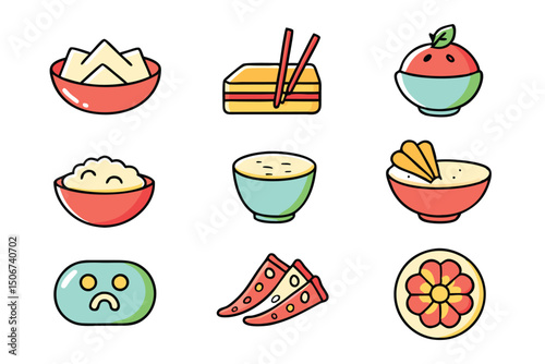 Cartoon Asian Food Vector Set – Cute Traditional Dishes, Rice Bowls, Dumplings, Noodles, lemon, strawberry, watermelon, Ice Cream ,Sandwich ,cupcake ,burger, coffee, and Tea Icons.