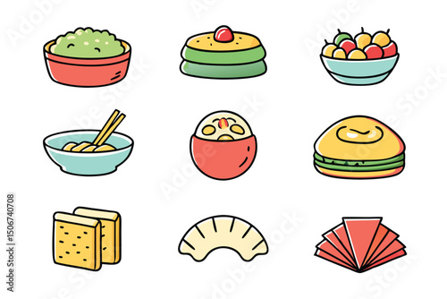 Cartoon Asian Food Vector Set – Cute Traditional Dishes, Rice Bowls, Dumplings, Noodles, lemon, strawberry, watermelon, Ice Cream ,Sandwich ,cupcake ,burger, coffee, and Tea Icons.