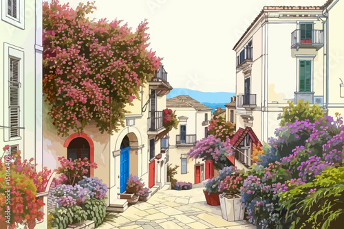 View of the Mediterranean sea from the street with houses and blooming trees.