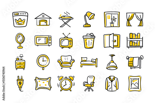 "Home Interior Icons – Furniture, Decor, and Utility Vector Collection"

