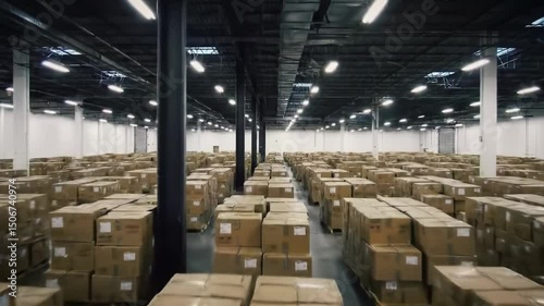 A large warehouse features neatly organized rows of cardboard boxes ready for distribution. This facility highlights an effective inventory system in action for logistics.