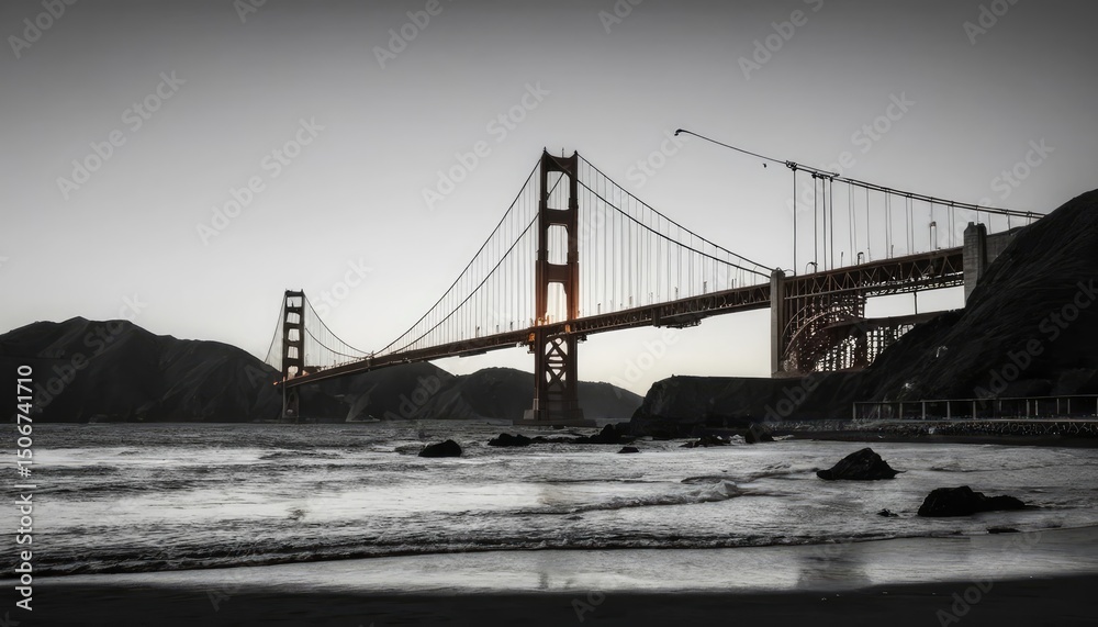 Fototapeta premium Golden Gate Bridge at Sunset: A Black and White Masterpiece