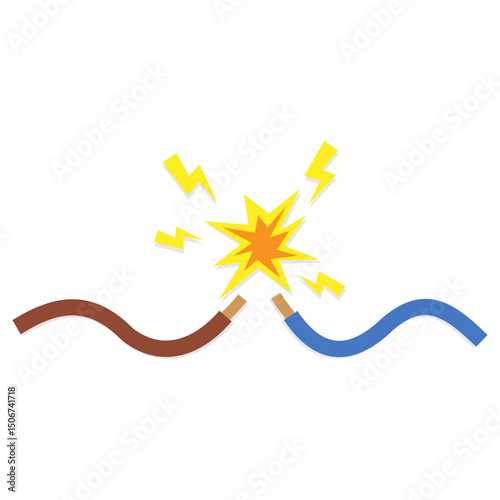 Electrical short circuit. Vector illustration featuring two exposed wires sparking upon contact