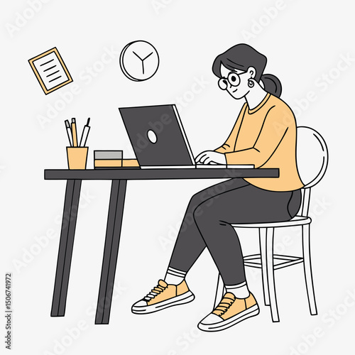 Woman working on laptop - One woman sitting on desk doing work on computer smiling alone. Flat design vector illustration on white background