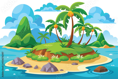 Tropical island with palm trees, sandy beach, and clear blue water