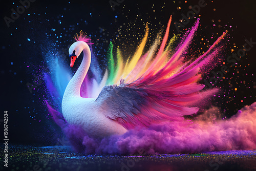Fototapeta Naklejka Na Ścianę i Meble -  Colorful swan gracefully spreading vibrant wings amidst a magical, colorful backdrop
