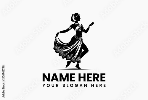 Graceful black and white silhouette of a traditional Indian dancer with flowing garments and intricate details. Cultural concept