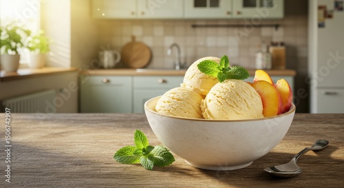 Fresh and Creamy Vanilla Ice Cream with Slices of Juicy Peach and Mint Leaves on a Wooden Table in a Bright Kitchen Setting