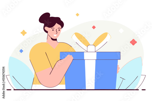 Smiling woman holding gift box with ribbon. Illustration