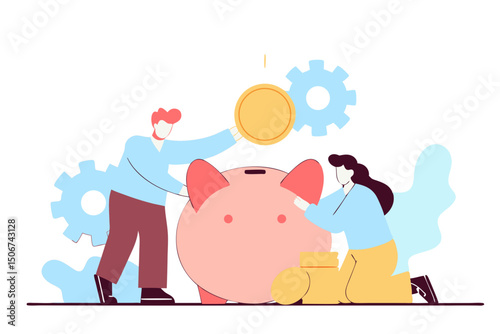 People saving money into piggy bank illustration