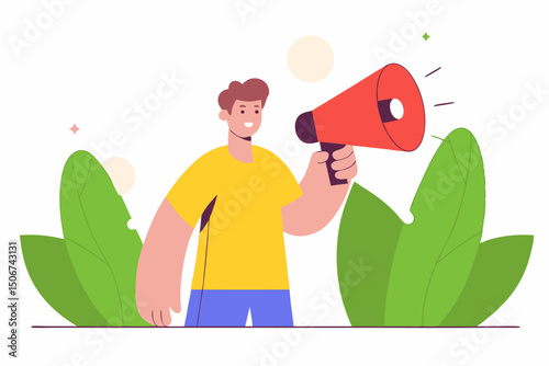 Man holding loudspeaker shouting announcement illustration