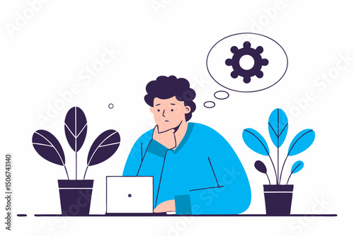 Man thinking with gear symbol above laptop. Illustration