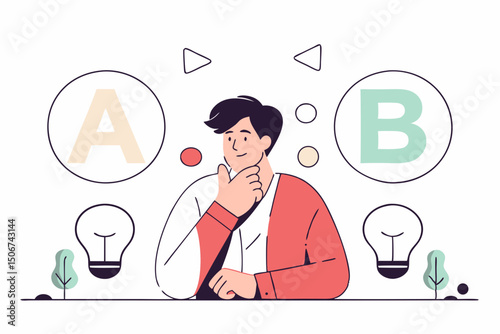 Man choosing between options A and B with lightbulbs and icons. Illustration